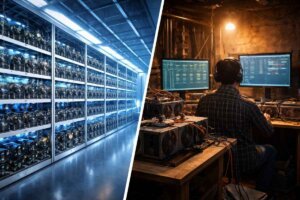 Crypto hosting vs self mining comparison showing data center mining and home setup